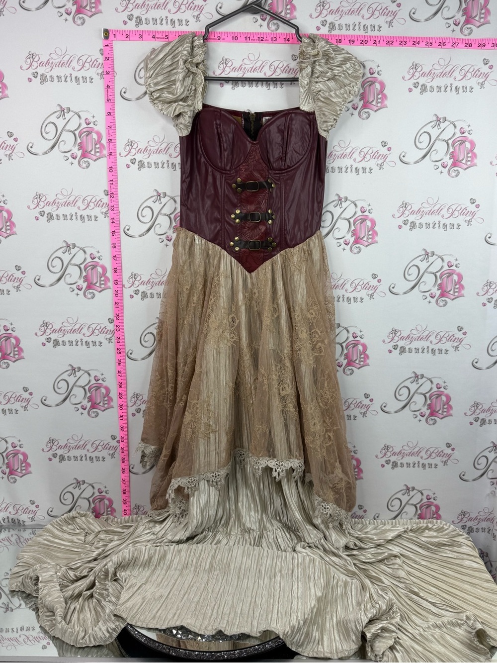 Spirit Halloween dress bustier Burgundy and Champagne Steampunk Corset Gown